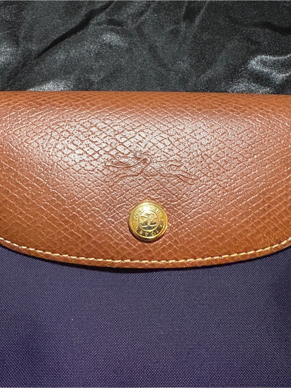 Longchamp Le Pliage Shopping Tote Purple Plum Nylon Large - Brown Leather - Picture 6 of 13